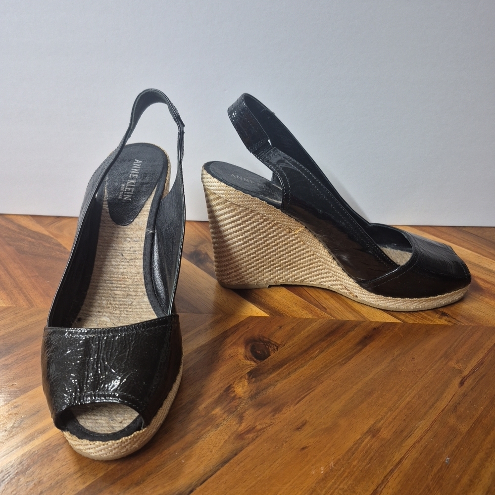 Anne Klein Black Patent Leather Slingback Wedge Espadrilles Peep Toe, Size 9